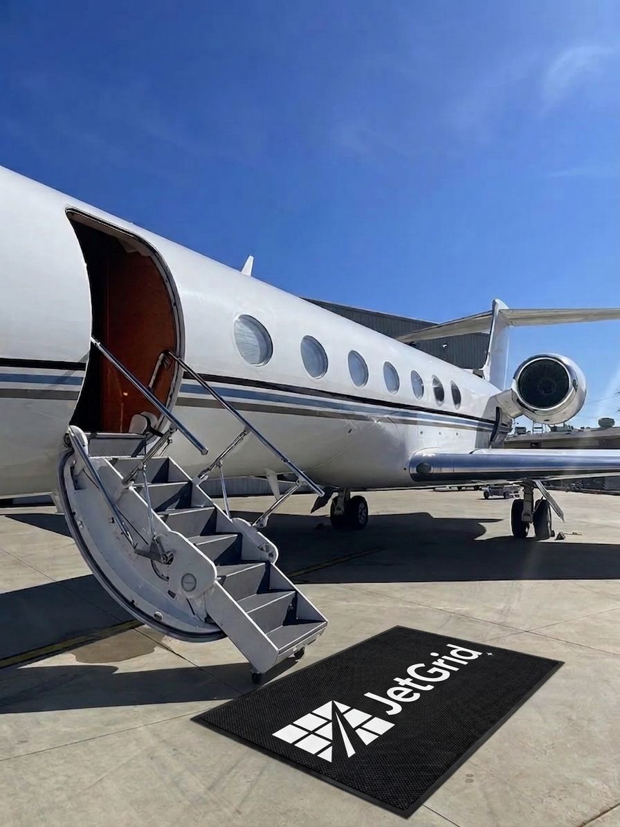 A white Gulfstream jet with its stairs down and a black JetGrid mat on the apron